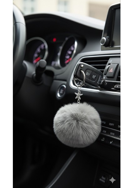 Peluş Pofuduk Ponpon Puf Gri Tüylü Gümüş Yıldız Detaylı Ev Ofis Araba Telefon Cüzdan Çanta Anahtarlık fiyatları