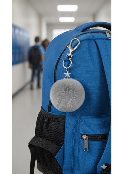 Peluş Pofuduk Ponpon Puf Gri Tüylü Gümüş Yıldız Detaylı Ev Ofis Araba Telefon Cüzdan Çanta Anahtarlık fırsatları