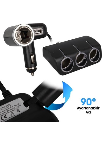 1528 12-24V Tek USB Girişli 120W 80CM Kablolu 3'lü Araç Çakmak Çoklayıcı modelleri
