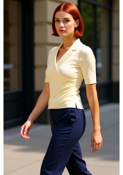 Kadın Büzgülü Triko Bluz Şık Kruvaze Yaka ve Premium Ipliklerle Günlük Şıklık Kaliteli Şık fırsatları