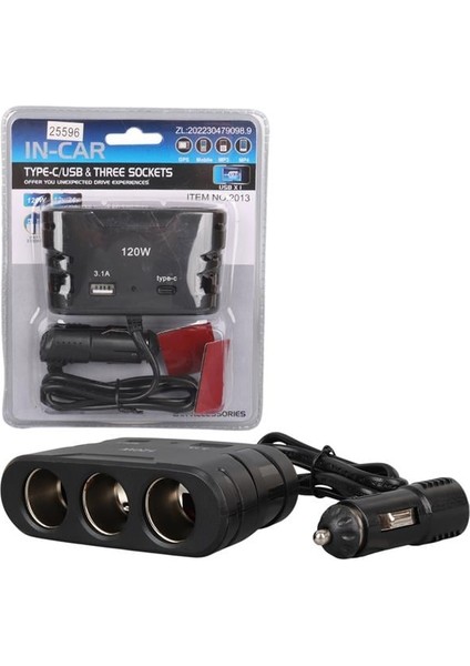 2013 12-24V Type-C + USB Girişli 120W 80 cm Kablolu 3'lü Araç Çakmak Çoklayıcı