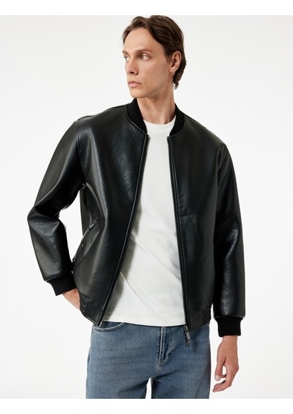 Uzun Kollu Fermuarlı Cep Detaylı Bomber Suni Deri Ceket