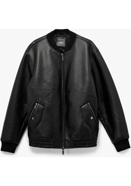 Uzun Kollu Fermuarlı Cep Detaylı Bomber Suni Deri Ceket modelleri