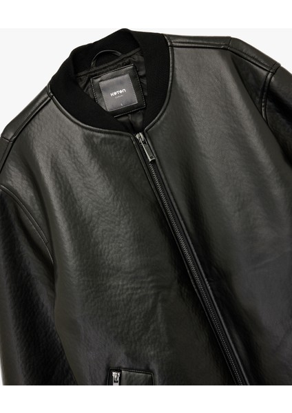 Uzun Kollu Fermuarlı Cep Detaylı Bomber Suni Deri Ceket indirimleri