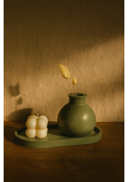 Adaçayı Yeşili 3'lü Dekor Seti | Oval Tepsi, Mini Vazo ve Bubble Soya Mum | Aesthetic Dekor