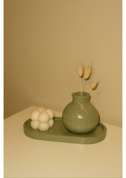 Adaçayı Yeşili 3'lü Dekor Seti | Oval Tepsi, Mini Vazo ve Bubble Soya Mum | Aesthetic Dekor fiyatları