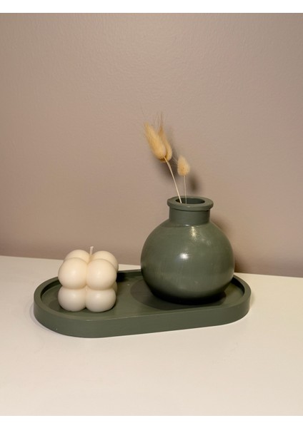 Adaçayı Yeşili 3'lü Dekor Seti | Oval Tepsi, Mini Vazo ve Bubble Soya Mum | Aesthetic Dekor modelleri