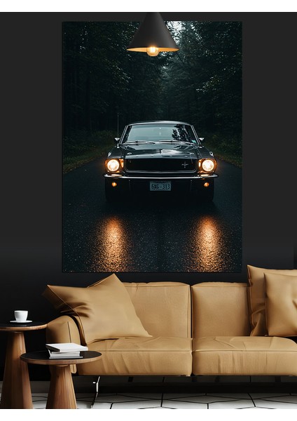 Parlak Ön Farlı Klasik Siyah Otomobil Dekoratif Kanvas - Mdf Ahşap Tablo