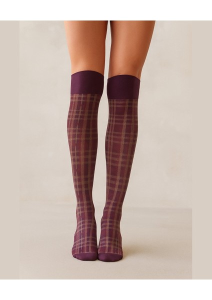 Heidi Bordo/karadut Ekose Desen Esnek Diz Hizası Pantolon Çorabı