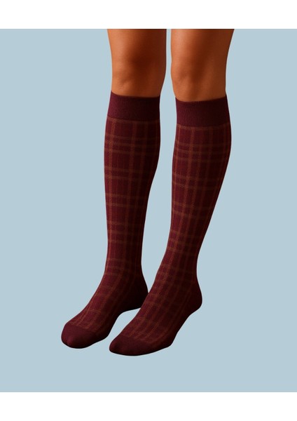 Heidi Bordo/karadut Ekose Desen Esnek Diz Hizası Pantolon Çorabı modelleri