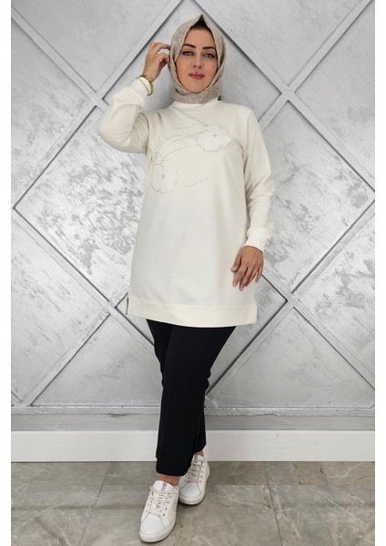 Kadın Dikme Çiçek ve Taş Detaylı Tesettür Tunik modelleri