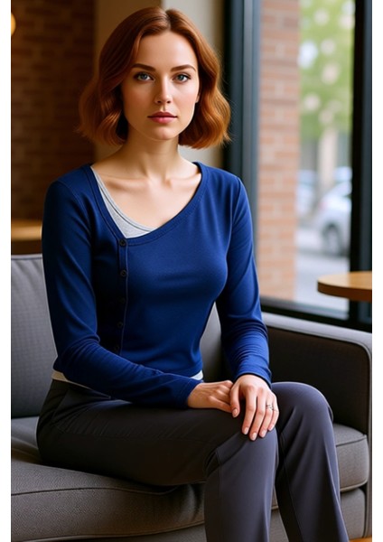 Kadın Esnek Örme Düğmeli Asimetrik Yaka Üst Uzun Kollu ve Vücuda Oturan Tasarım Kaliteli Şık