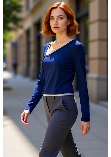 Kadın Esnek Örme Düğmeli Asimetrik Yaka Üst Uzun Kollu ve Vücuda Oturan Tasarım Kaliteli Şık fırsatları