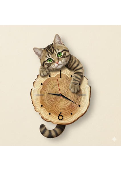 Kütük Üzerinden Bakan Tekir Kedi Tasarımlı Duvar Saati Modern Dekoratif Saat