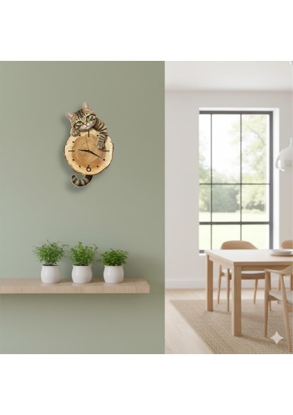 Kütük Üzerinden Bakan Tekir Kedi Tasarımlı Duvar Saati Modern Dekoratif Saat modelleri