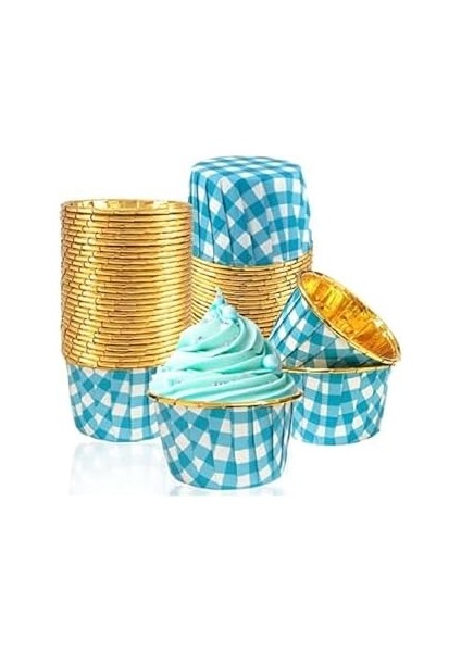 Hediye Sepeti 25&apos;li Mavi Ekoseli Mavi Muffin Kek Kalıbı, Kek Kapsülü Kalıbı, Airfryer Uyumlu fiyatları