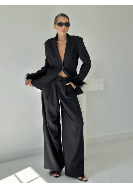 Siyah Kol Ucu Tüylü Ceket - Pantolon Takım fiyatları