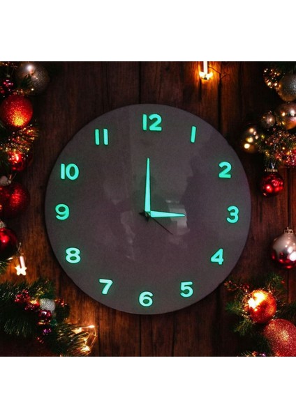 Fosforlu 3D Kabartma Rakam Karanlıkta Parlayan Bombeli Cam Beyaz Duvar Saati 30 cm