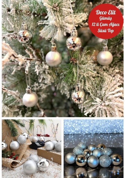 12’li Yılbaşı Çam Ağacı Süsü Gümüş – 4 cm Parlak & Simli Karışık Top Süsler Noel Çam Ağacı Süsü