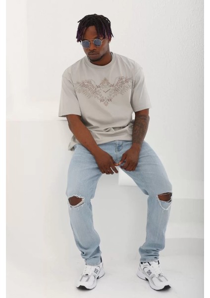 Unisex Oversize Taşlı Bisiklet Yaka T-Shirt - Gri fırsatları