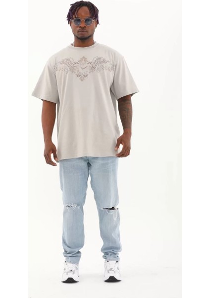 Unisex Oversize Taşlı Bisiklet Yaka T-Shirt - Gri indirimleri