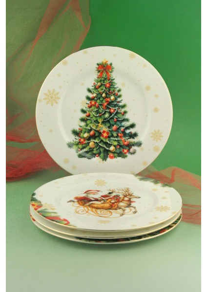 New Christmas Altın Yaldızlı 4 Parça Porselen Pasta Tabağı
