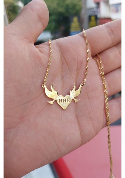 925 Ayar Gümüş 24 Ayar Altın Kaplama Güvercin Figürlü Harfli Kalp Kolye