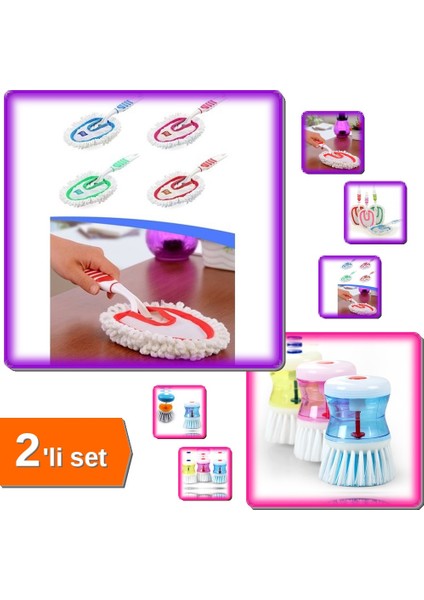 Mikrofiber Duster Toz Alıcı + Deterjan Hazneli Bulaşık Fırçası - 2li Set G5H6I