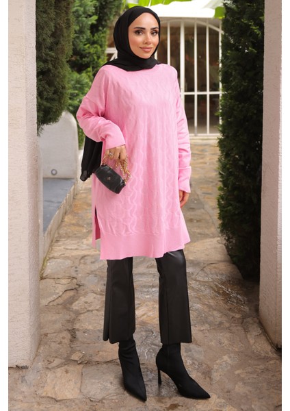 Pembe Bisiklet Yaka Soğuk İplik Triko Tunik