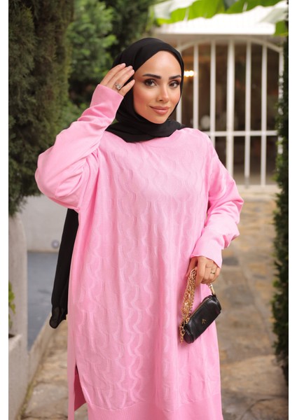 Pembe Bisiklet Yaka Soğuk İplik Triko Tunik fiyatları