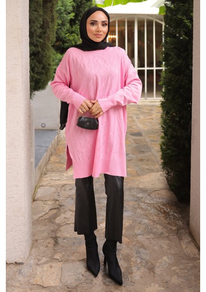 Pembe Bisiklet Yaka Soğuk İplik Triko Tunik modelleri