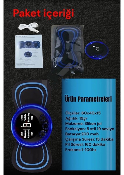 Buğz 8 Modlu Mini Şarjlı Kelebek LCD Ekran Ems Boyun Omuz Kol Sırt Elektrikli Masaj Bantı Kas Stimülatörü