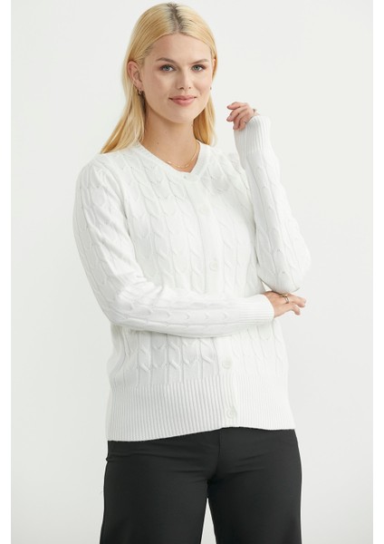 Düğmeli Sıfır Yaka Triko Hırka - Kemik