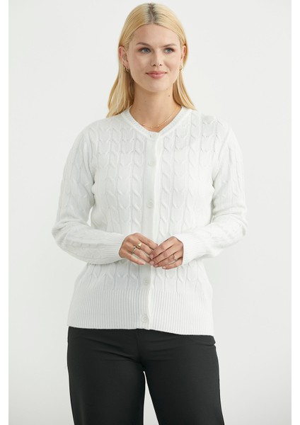 Düğmeli Sıfır Yaka Triko Hırka - Kemik fiyatları