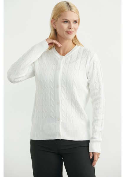 Düğmeli Sıfır Yaka Triko Hırka - Kemik fırsatları