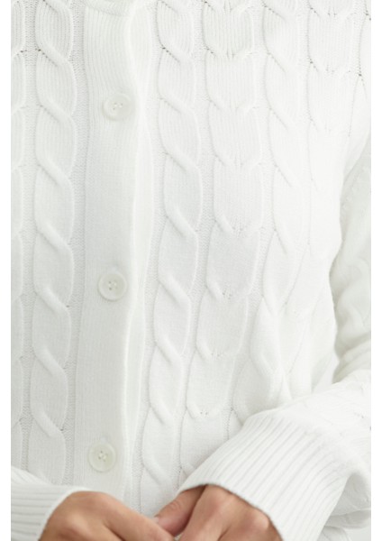 Düğmeli Sıfır Yaka Triko Hırka - Kemik indirimleri