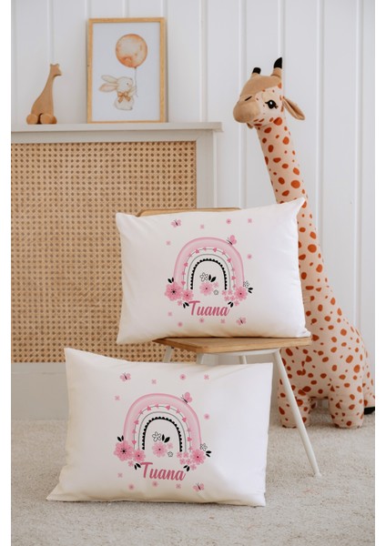 %100 Pamuk Isme Özel 2li Ekru Bebek Yastık Kılıfı 35X45 Cm-Gökkuşağı