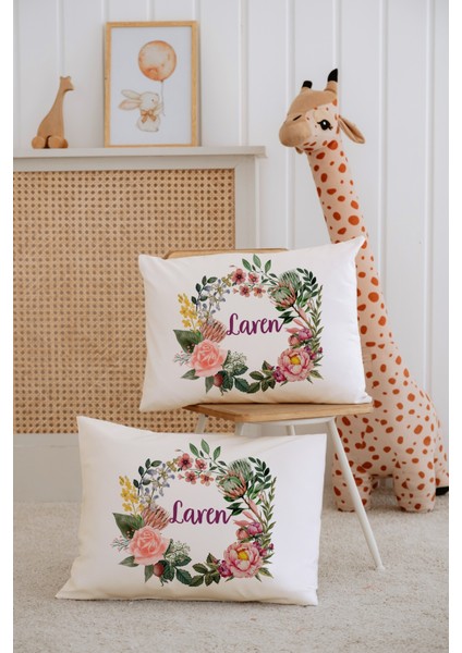 %100 Pamuk Isme Özel 2li Ekru Bebek Yastık Kılıfı 35X45 Cm-Çiçek Çemberi