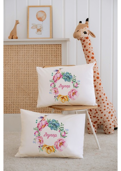 %100 Pamuk Isme Özel 2li Ekru Bebek Yastık Kılıfı 35X45 Cm-Çiçek Çemberi