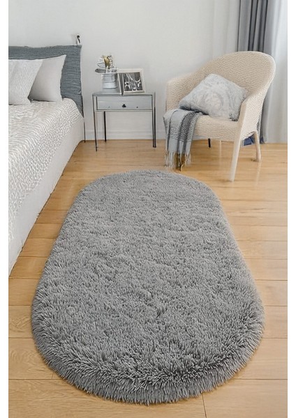 Gri Oval Post Halı Peluş Yumuşak Kaymaz Dot Taban Antibakteriyel Makinada Yıkanabilir Yolluk modelleri