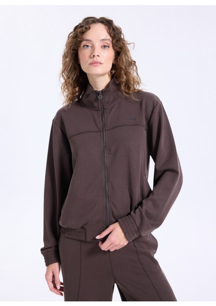 Dik Yaka Baskılı Kahve Kadın Sweatshırt J5WL-SWT7059