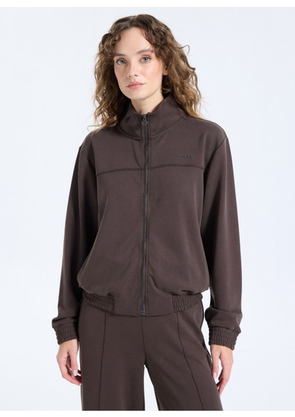 Dik Yaka Baskılı Kahve Kadın Sweatshırt J5WL-SWT7059 modelleri