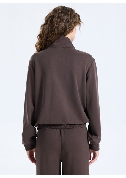 Dik Yaka Baskılı Kahve Kadın Sweatshırt J5WL-SWT7059 indirimleri