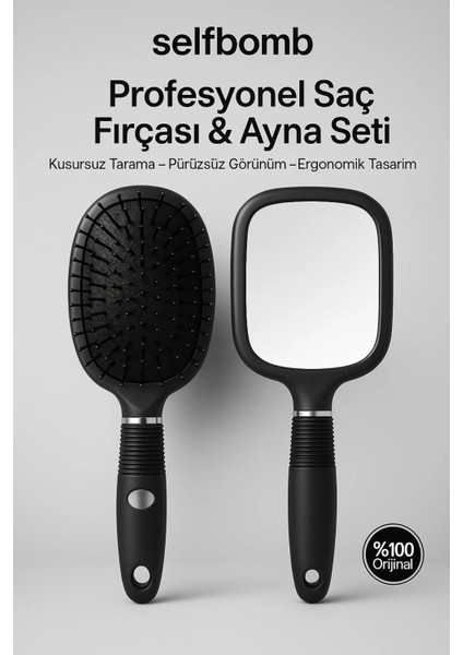 2’si 1 Arada Profesyonel Saç Fırçası – Önü Ayna, Arkası Tarak, Ergonomik Saplı Tasarım