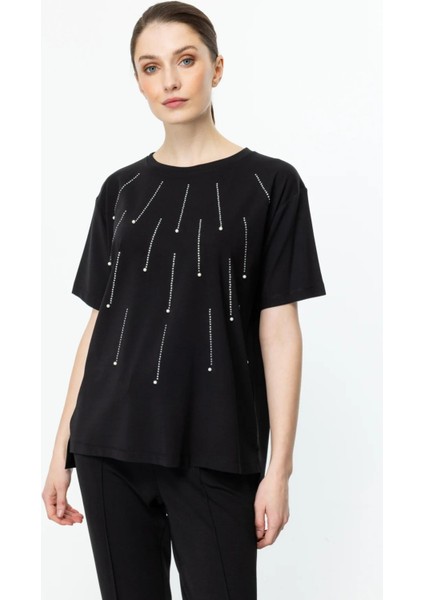 51574 Onteks Sıfır Yaka Önü Taş ve Inci Detaylı Bluz