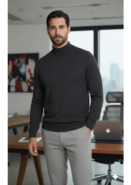 Erkek Antrasit Yarım Balıkçı Yaka Standart Normal Kesim Regular Yün Akrilik Karışımlı Triko Kazak
