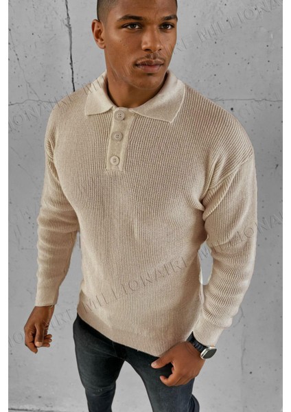 Erkek Taş Polo Yaka Patlı Düğmeli Yakalı Kışlık Triko Kazak