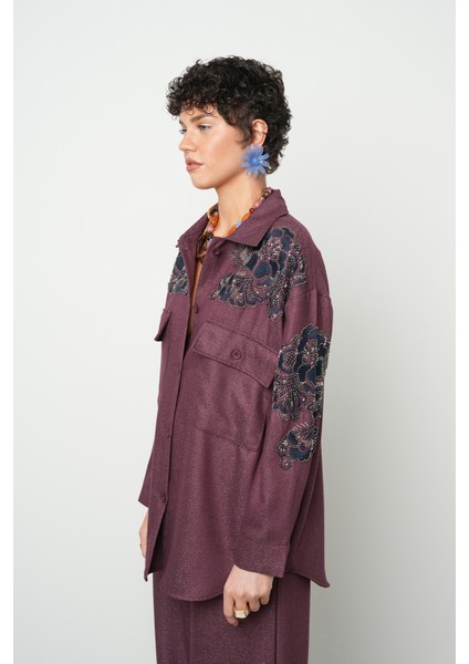 Kadın Nakış Işlemeli ve Boncuk Işlemeli Düz Renk Ceket