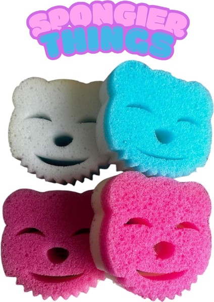 Avantajlı Paket 4’lü Çift Taraflı Ovucu Bulaşık Süngeri, Scrub + Sponge, Gülen Kedi Sünger