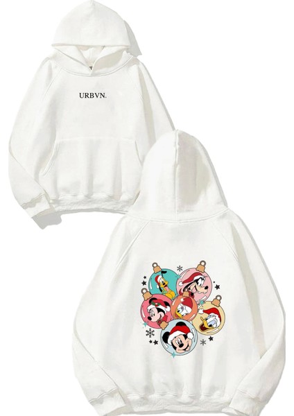 New Year Mickey Tasarım Baskılı Oversize Beyaz Kapüşonlu Sweatshirt